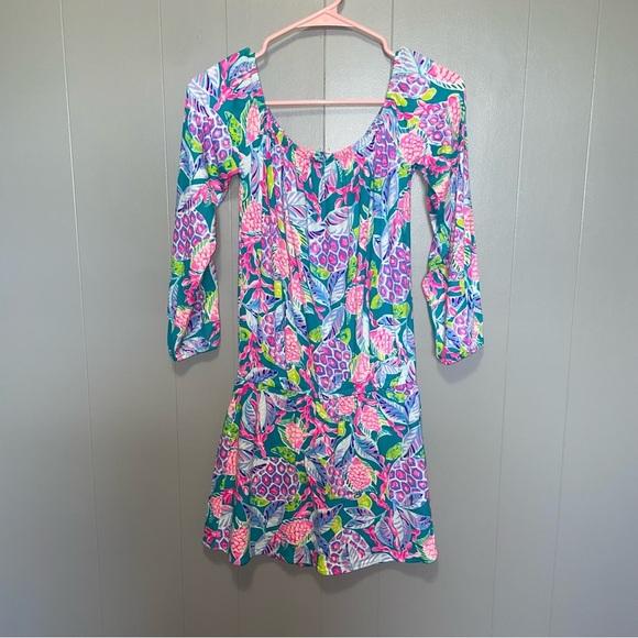 Lilly Pulitzer Off the Shoulder Lana Skort Romper Maldives Green Turtle Wave XXS - Picture 2 of 8